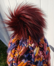 Load image into Gallery viewer, Ascendio Beanie - Orange, Mauve, and Blue Multicolor with Lux Pom - Large
