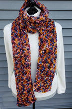Load image into Gallery viewer, Orange, Mauve, and Blue multicolor Lotus Patterned textured winter scarf.
