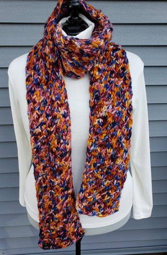 Orange, Mauve, and Blue multicolor Lotus Patterned textured winter scarf.
