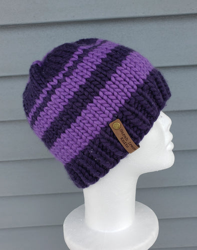 Deep purple and bright purple striped classic beanie. No pom.