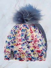 Load image into Gallery viewer, Classic Beanie - Speckled Multicolor with Blue-Grey Pom - X-Large
