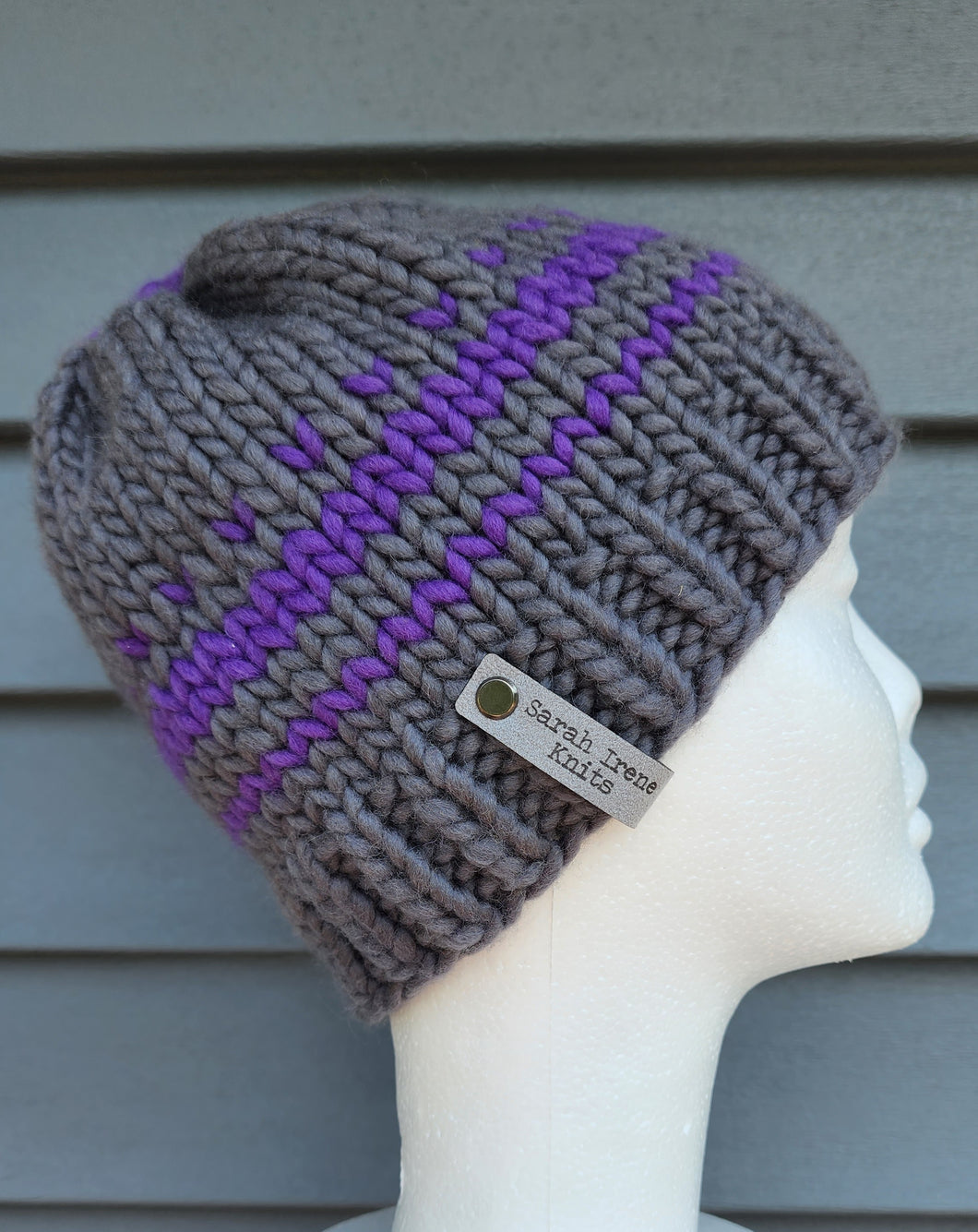 Classic Beanie - Grey with Purple Colorwork - Large