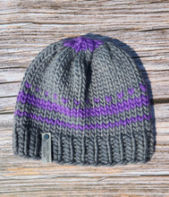 Load image into Gallery viewer, Classic Beanie - Grey with Purple Colorwork - Large
