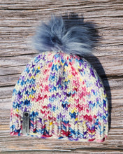 Load image into Gallery viewer, Classic Beanie - Speckled Multicolor with Blue-Grey Pom - X-Large

