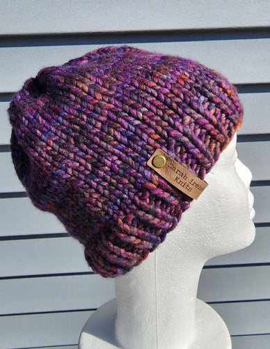 Classic beanie in a variegated purple, red, rust colored 100% Merino wool yarn. No pom.