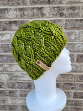 Load image into Gallery viewer, Braided effect beanie in matcha green color. No pom.
