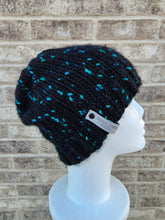 Load image into Gallery viewer, Classic beanie in black with teal speckles. No pom.
