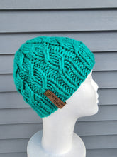Load image into Gallery viewer, Braided effect beanie in teal green color No pom.
