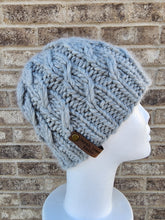 Load image into Gallery viewer, Braided effect beanie in light gray fuzzy yarn. No pom.
