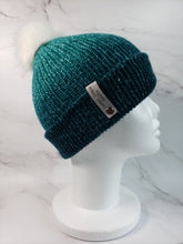 Load image into Gallery viewer, Double brim beanie in green to light green gradient. Topped with white faux fur pom.
