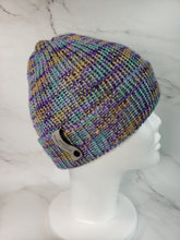Load image into Gallery viewer, Double brim beanie in variegated purple, teal and yellow yarn. No pom.

