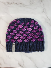 Load image into Gallery viewer, Lotus Flower Beanie - Navy Blue and Purple - Various Sizes
