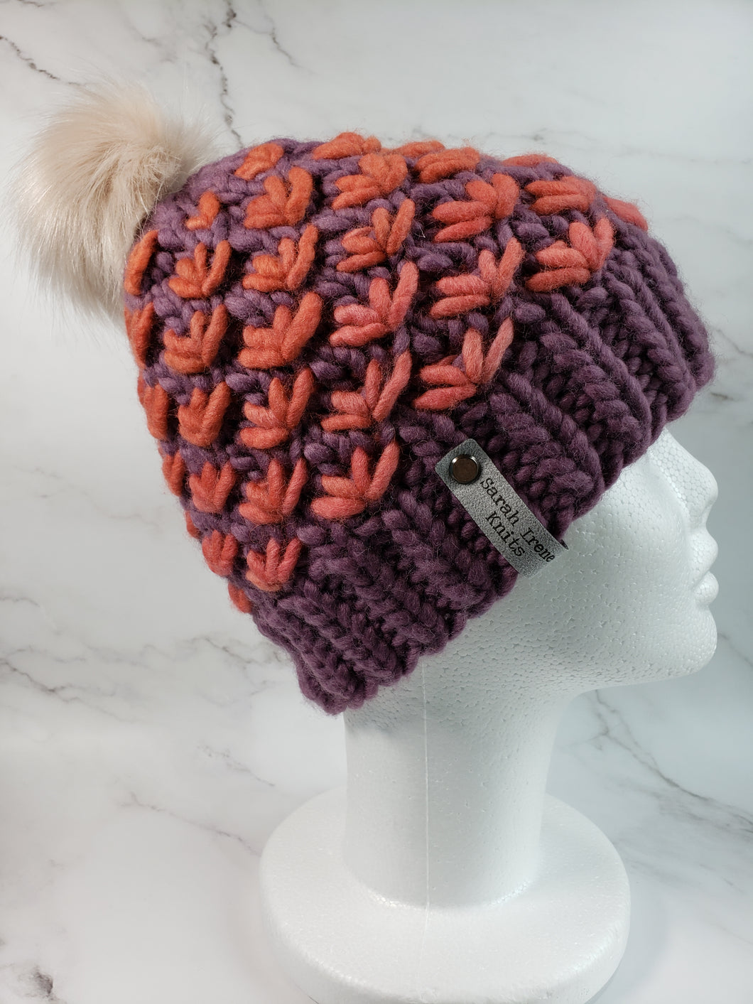 Lotus Flower Beanie - Purple with Salmon Pink - Large