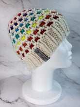 Load image into Gallery viewer, Windowpane effect beanie in ivory and rainbow. No pom.
