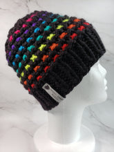 Load image into Gallery viewer, Windowpane effect beanie in black and rainbow. No pom.
