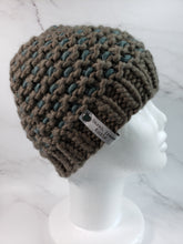 Load image into Gallery viewer, Windowpane effect beanie in a brownish grey color with teal contrast. No pom.
